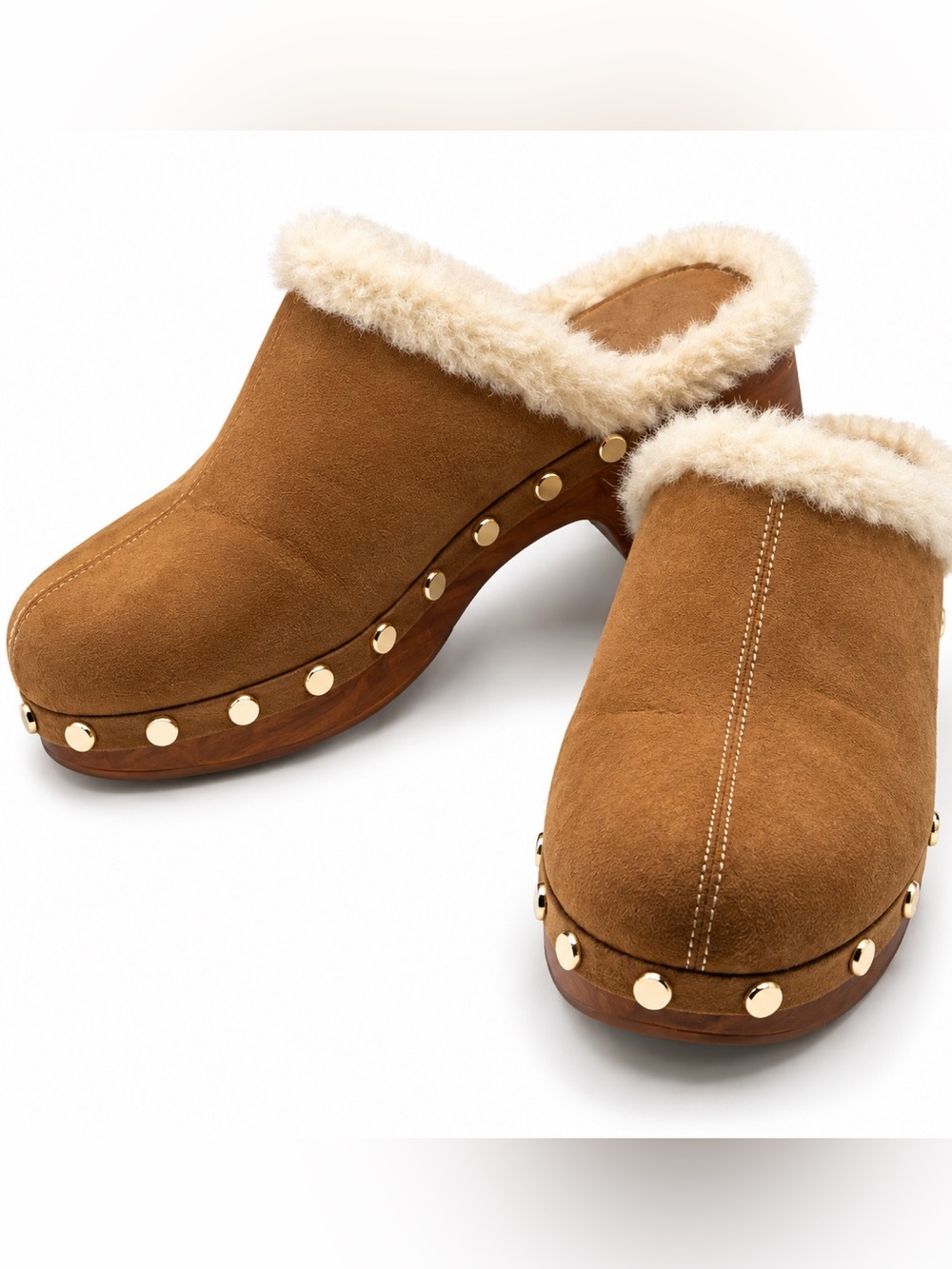 H&M Chestnut Suede Shearling-Trim Clog Mules with Gold Studs